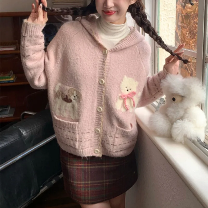 Kawaii Pink Puppy Hooded Sweet Knitted Cardigan Women Autumn Korea Style Knitwear Fashion Loose Single Breasted Top Sweater Coat