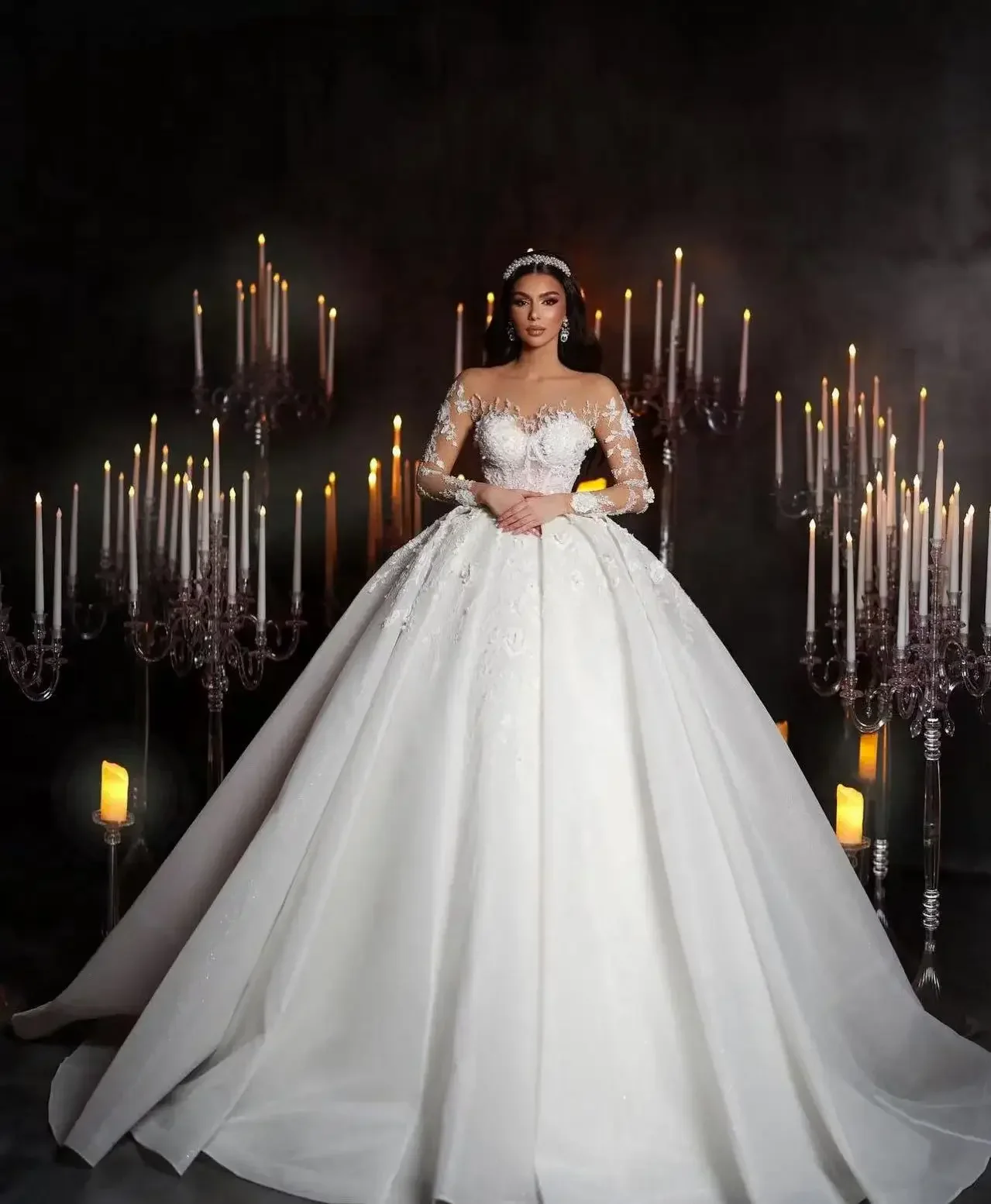 Vestido de baile personalizado ilusão frisado rendas vestidos de casamento até o chão robe mangas completas vestidos de noiva brilhantes robes de mariée