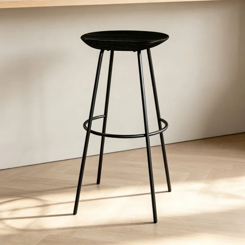Solid Wood Saddle Top Bar Stool Four Thin Metal Leg Footrest High Counter Stool For Home Kitchen Cafe Bar Furniture
