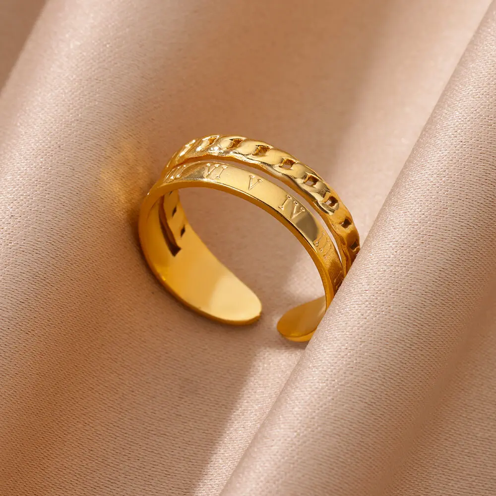 Gold color Double Chain Stainless Steel Open Rings for Women  Classic Adjustable Couple Ring Female Fashion Jewelry Accessories