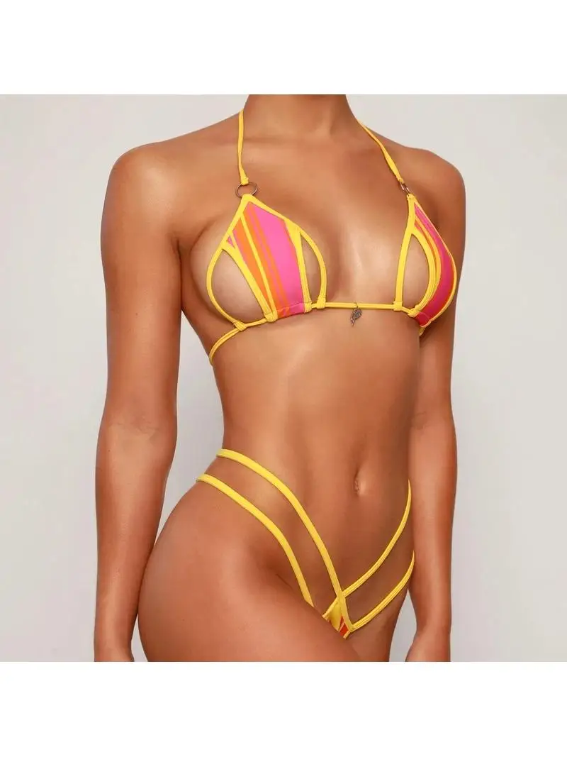 Sexy  Color Backless Split Swimsuit Triangular Bikini Fast Drying Adjustable Back Pad Removable Women's Swimming Suit
