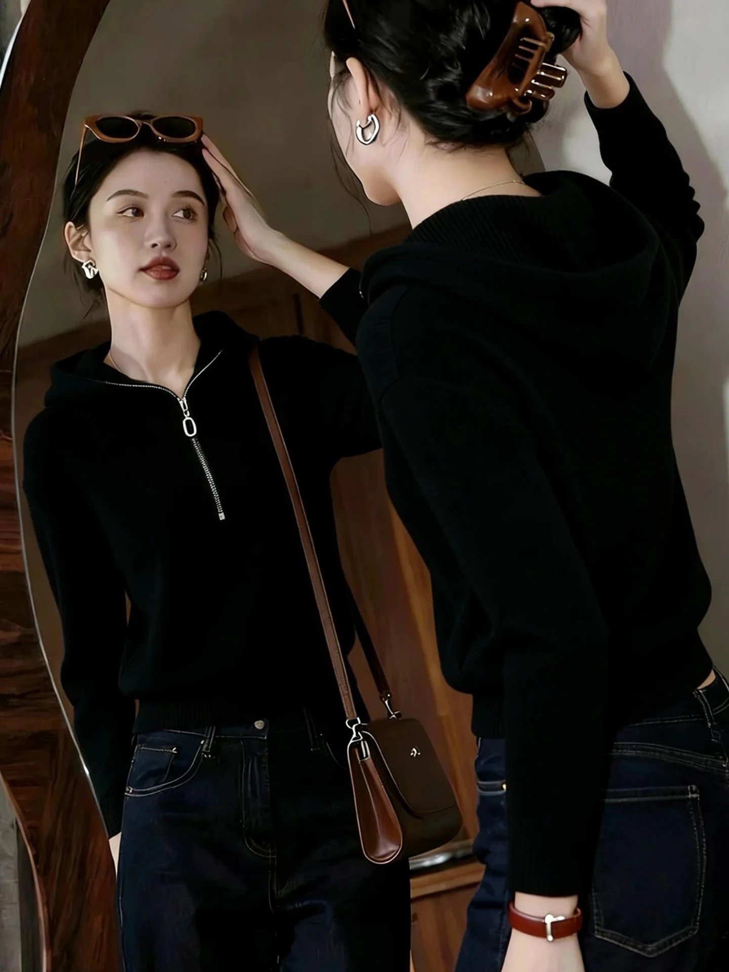 Faionable preguiçoso sle malhas com capuz fino ajuste longo sve feminino irt casual luxo f zíper outono inverno malha topo