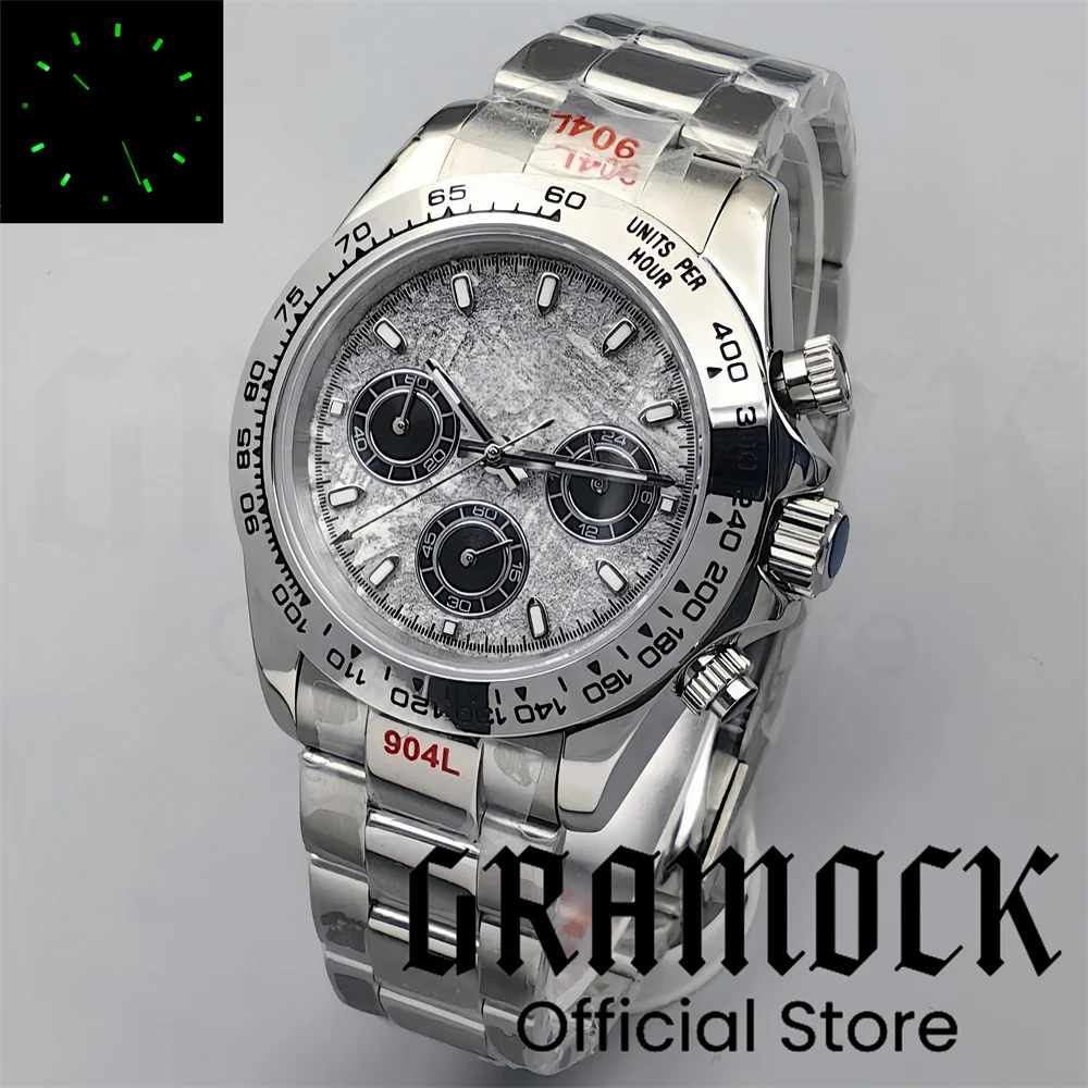 Gramock Fashion Brand 100M Men Sport VK63 Quartz Chronograph Sapphire Glass Green Luminous Meteorite Dial Date Casual Watch