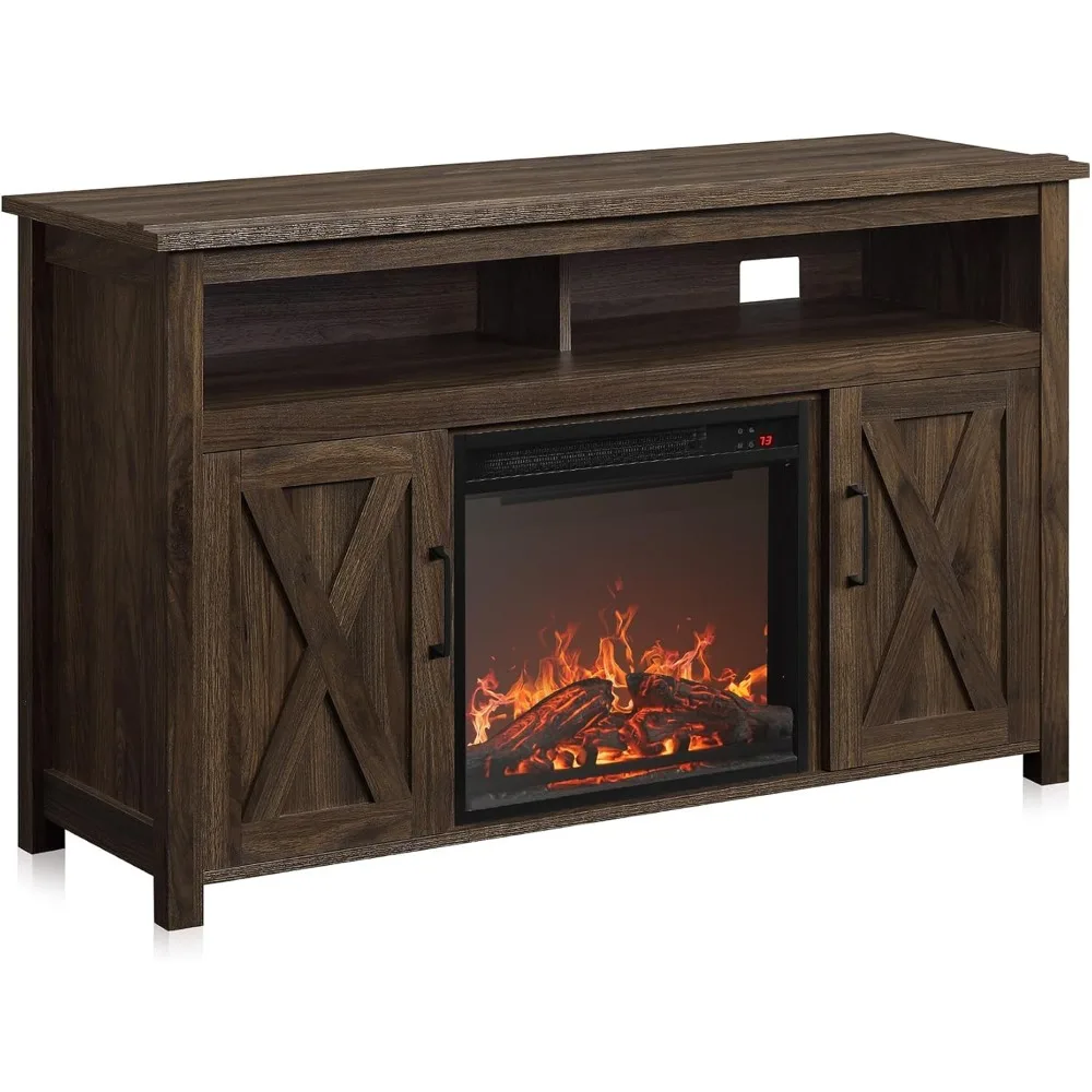 

Современная деревянная подставка для телевизора с дверью сарая 48 дюймов с электрическим каминным обогревателем 18 дюймов и центральным консольным столиком для развлечений мультимедиа для телевизора до 5