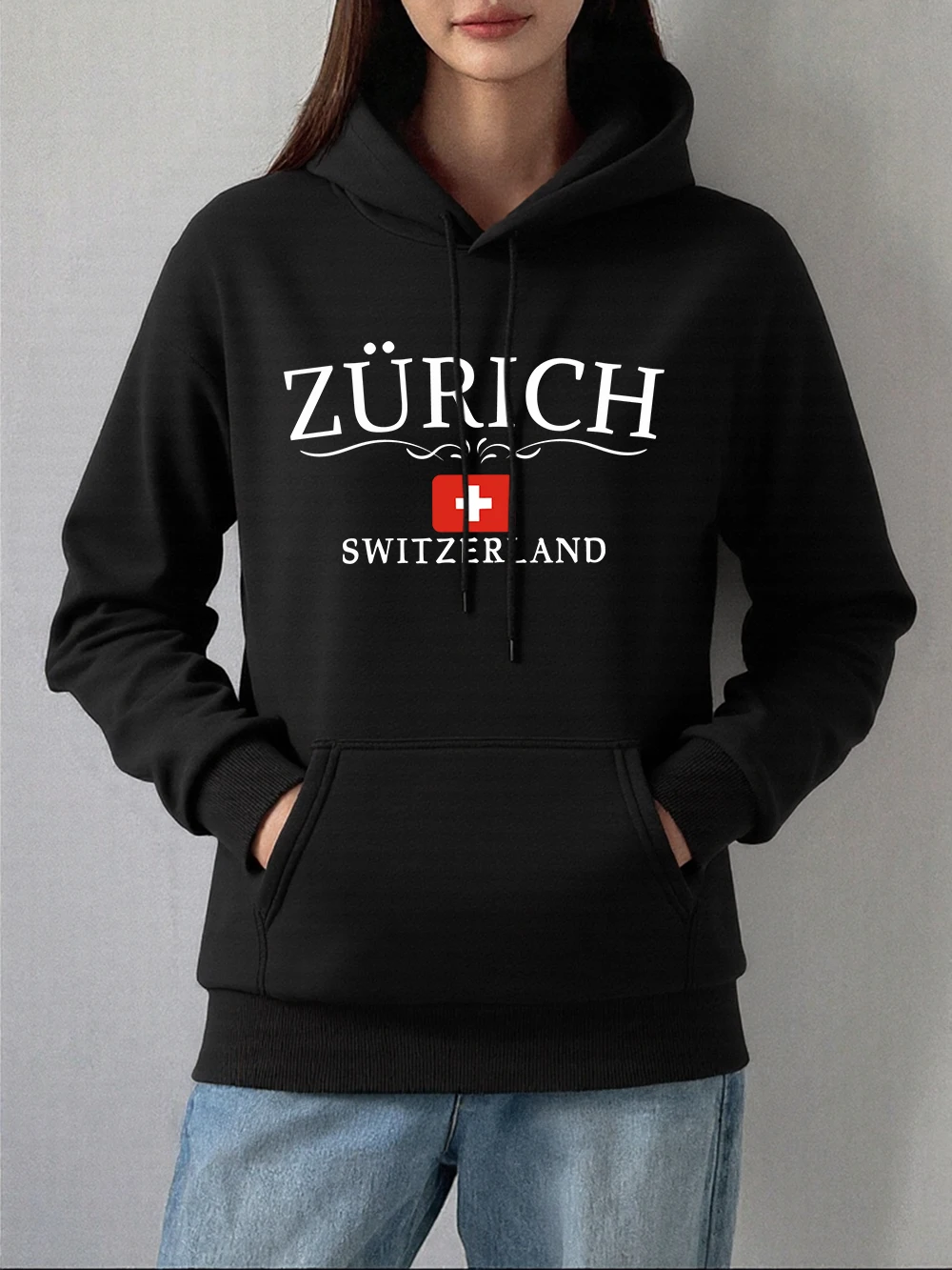 Sudaderas con capucha con estampado de bandera de Suiza de zozrich, jerséis holgados informales para mujer, sudaderas básicas con bolsillo, ropa cálida de lana para otoño para mujer