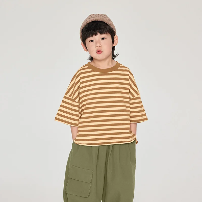 Summer New Boys T-shirts fashion striped loose half sleeve Tees Kids cotton casual Tops clothes