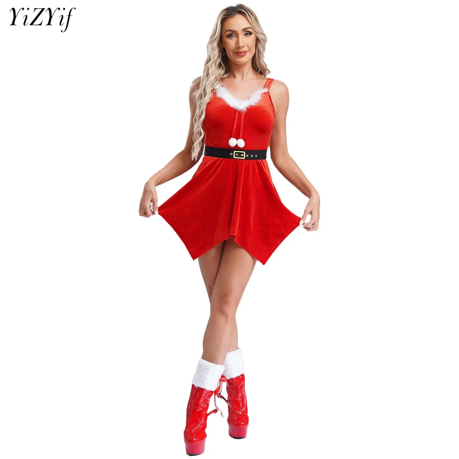 Women Christmas Mr. Santa Dress Sleeveless Velvet Dancewear Figure Skating Ballet Gymnastics Performance Costume Festival Dress