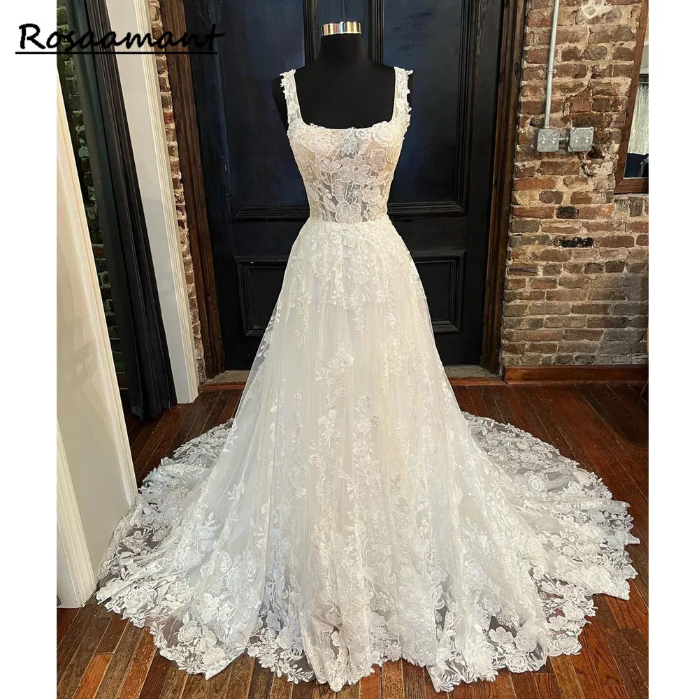 Elegant Wedding Dresses For Women Floor Length Custom Made Brides Lace Appliques  A Line Robe De Mariee