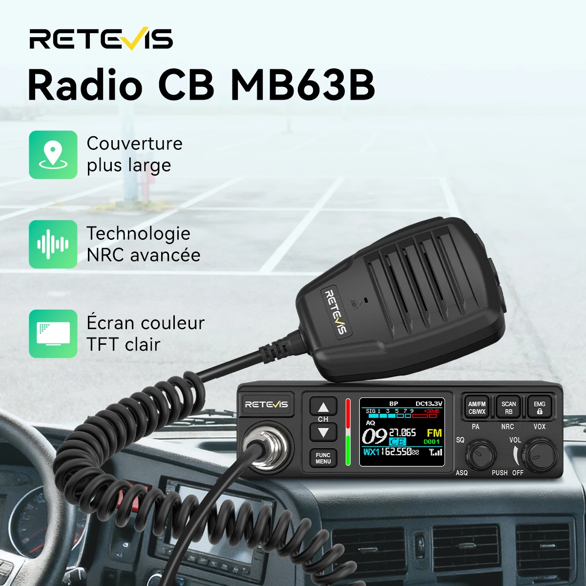 Radio CB mobile RETEVIS MB3B/MB63B noire, version américaine, 4W, 40 canaux, écran couleur, 12-24V, émetteur-récepteur embarqué