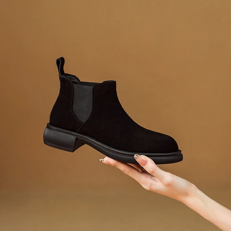NEW Autumn/Winter Women Boots Cow Suede Leather Shoes Women Round Toe Chunky Heel Shoes Slip-on Ankle Boots Casual Daily Shoes