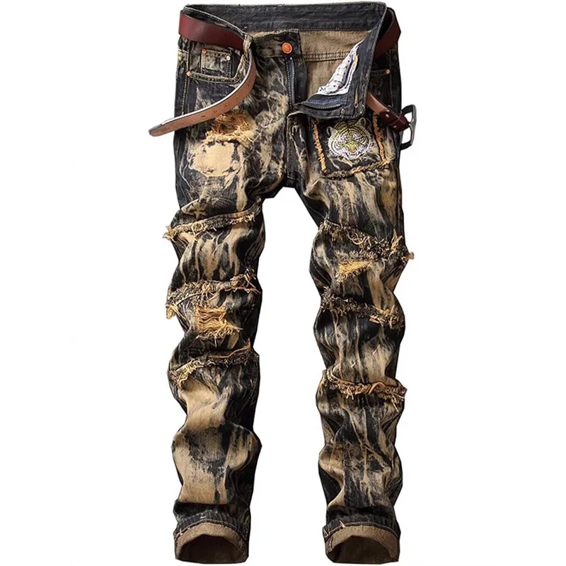 Men's Slim Fit Jeans With High Street Style Black Yellow Distressed Washed With Multiple Layers Distressed Tiger Head Embroidery
