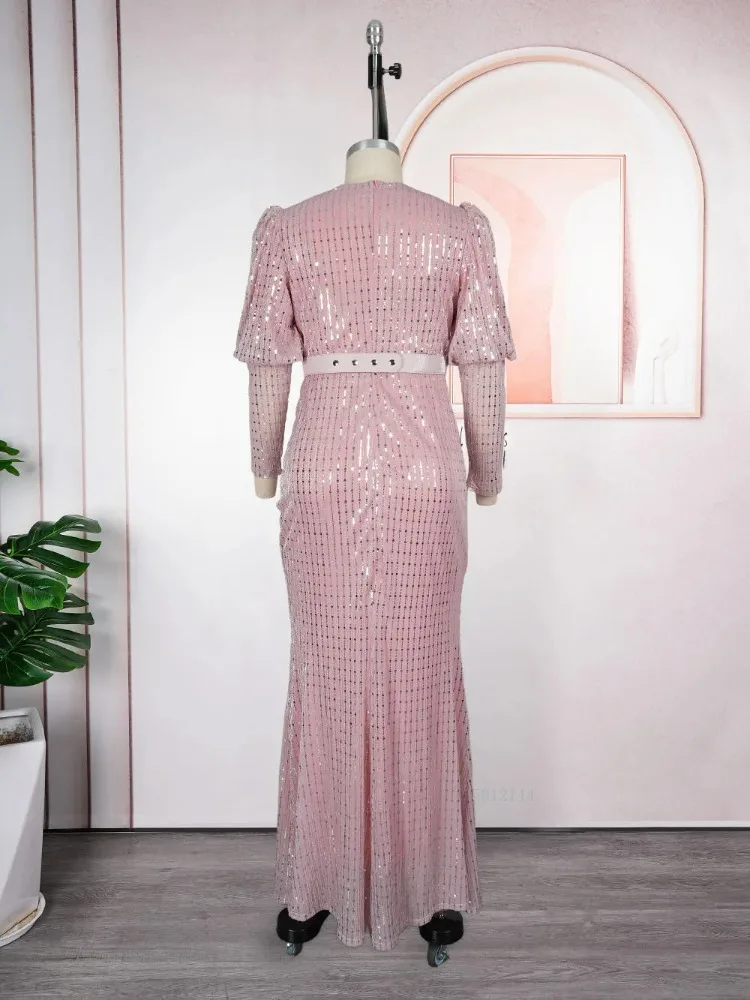 فساتين طويلة للحفلات الأفريقية مقاس كبير للنساء Dashiki ترتر وردي رداء أنيق تركيا فستان سهرة لحفلات الزفاف الإسلامية