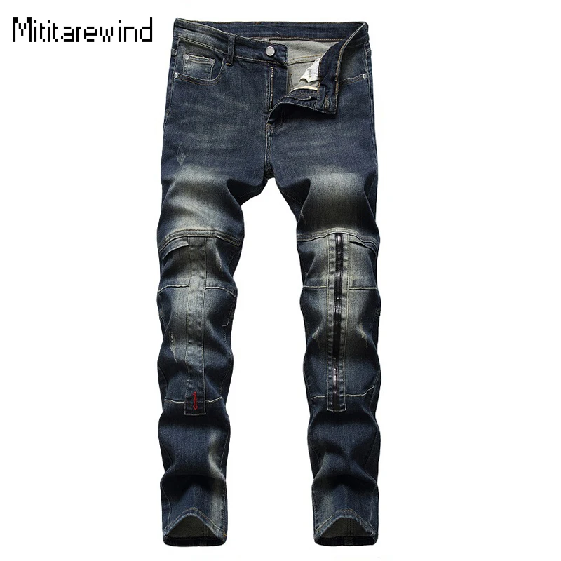 

Stretch Jeans for Men European High Street Distressed Slim Jeans Mid-waist Personalized Patchwork Straight Jeans Trendy Trousers