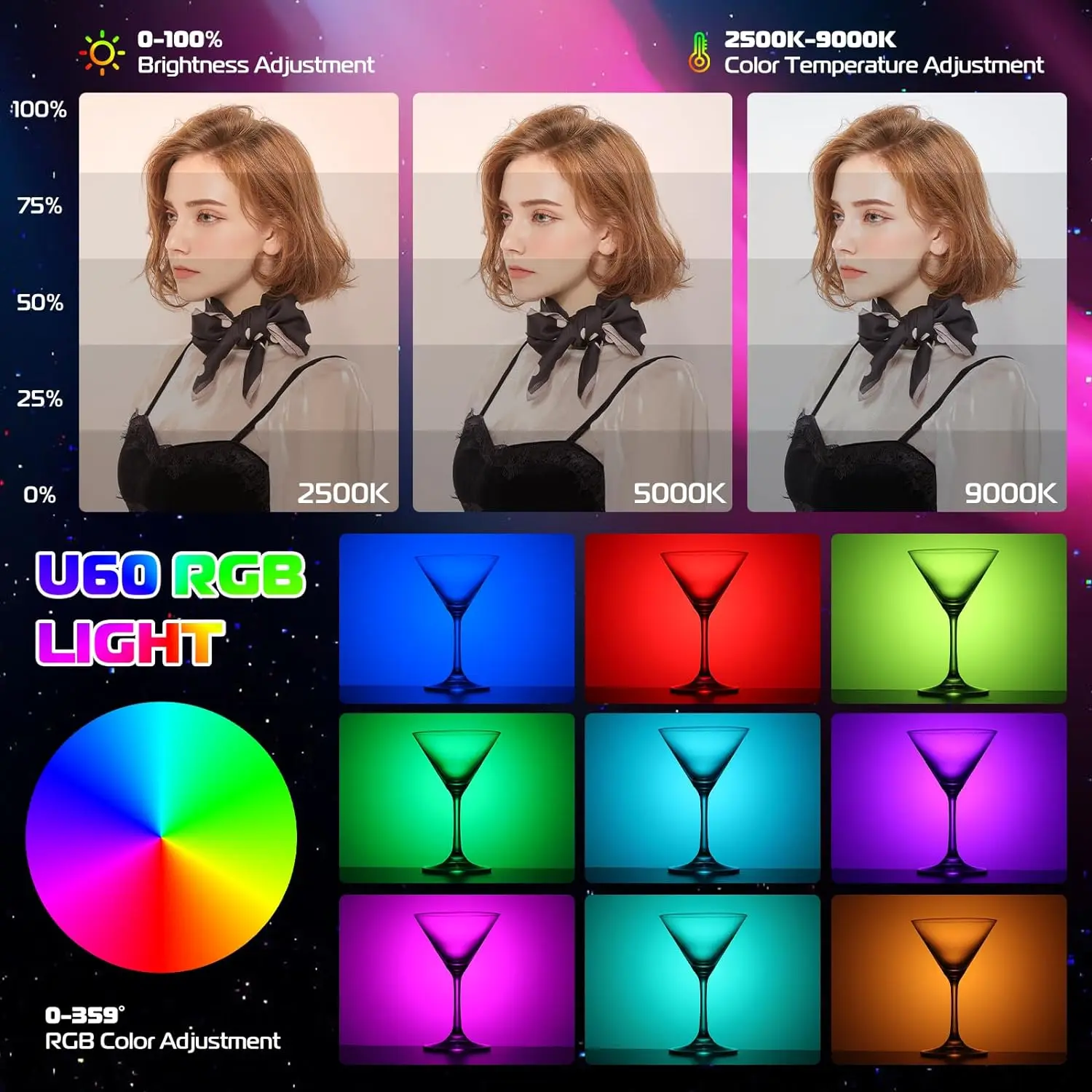 ULANZI-luces de vídeo U60 RGB, luz LED blanca para cámara, 360 ° a todo Color, iluminación de fotografía portátil CRI 95 + lámpara de Panel ajustable