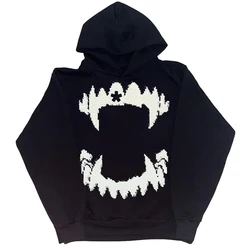 Hip Hop Men's Black Hoodie Gothic Graphic Print Casual Oversized Grunge Sweatshirt Y2k Clothing Vintage Streetwear Pullover Top