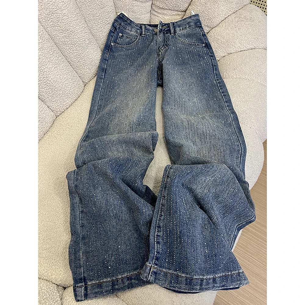 Jean taille haute pour femmes, bleu diamant, mode ciel étoilé, Design strass, pantalon en Denim, jambes larges, ample, scintillant, scintillant