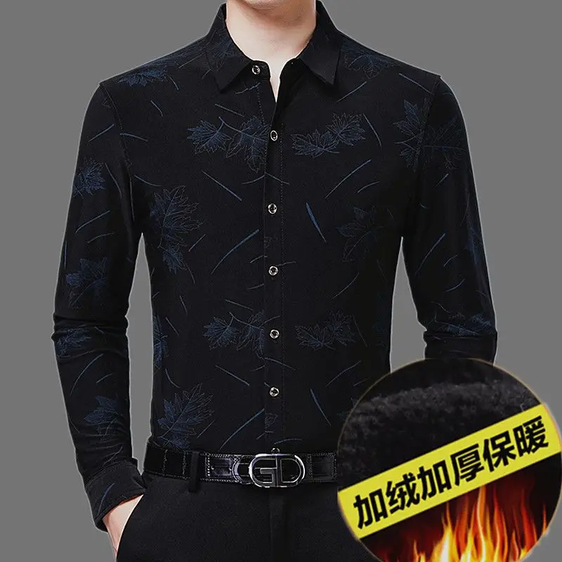 2023 New Men\'s Clothing Shirt Autumn Winter Thick Polo-Neck Long Sleeve Loose Oversized Fashion Casual Business Printed Tops