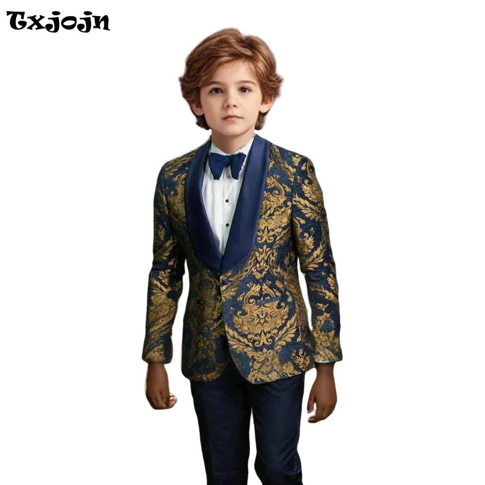 Navy Blue Boys Slim Fit Suit 3 Pieces Jacket Pants Bow-tie For Birthday Party Fashion Gold Floral Pattern Kids Suit Set In Stock