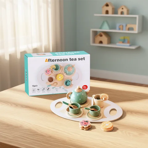 Wooden Afternoon Tea Set Toy Kitchen Accessories Tea Party Food Play Early Educational Toys for Toddlers Girls Boys Kids Gifts