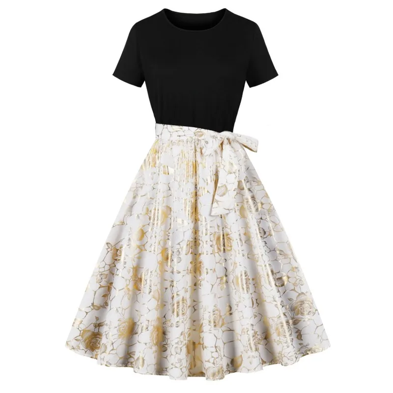 2026 New Women Short Sleeve Crew Neck Vintage A Line Midi Dress1950s Black Splice Bodice Gold Floral Print Elegant Swing Dresses