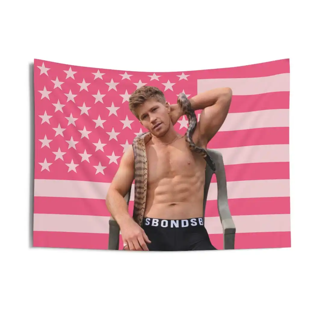 Shirtless Robert Irwin Tapestry Pink American Flag Flat Print Wall Hanging Watch Party House Bedroom Decor