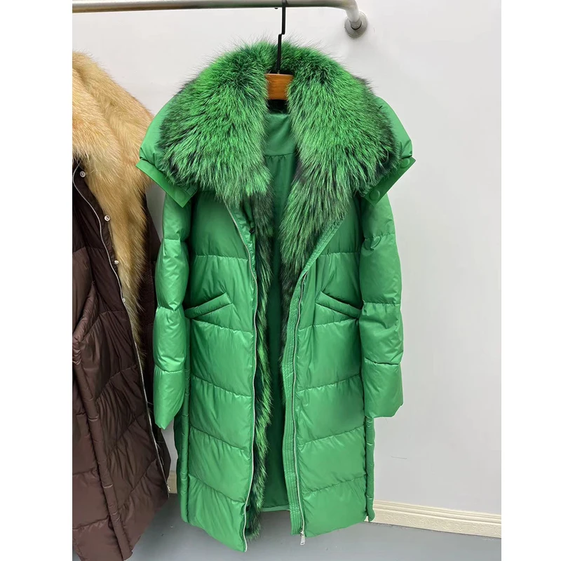 Nowa, luksusowa kurtka puchowa z futrzanym kołnierzem, długa, za kolano, luźna, ocieplana, z kapturem, odzież wierzchnia damska, styl casual, 2025.