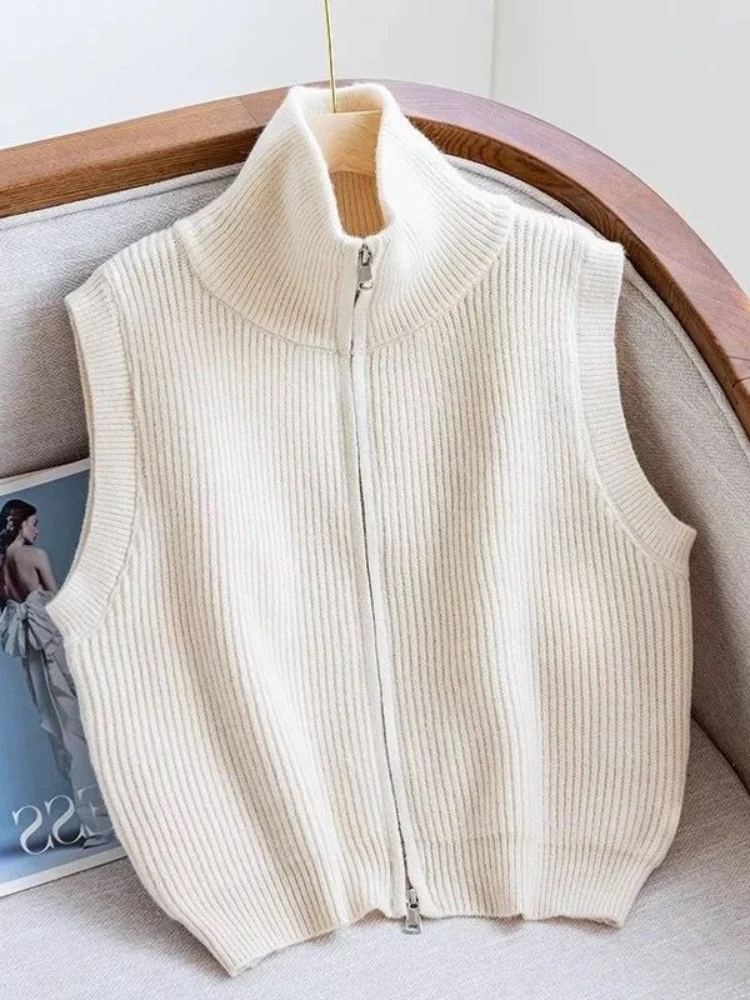 

Women's comfortable and simple high neck double zipper knitted vest sweater autumn/winter new versatile trendy women's top