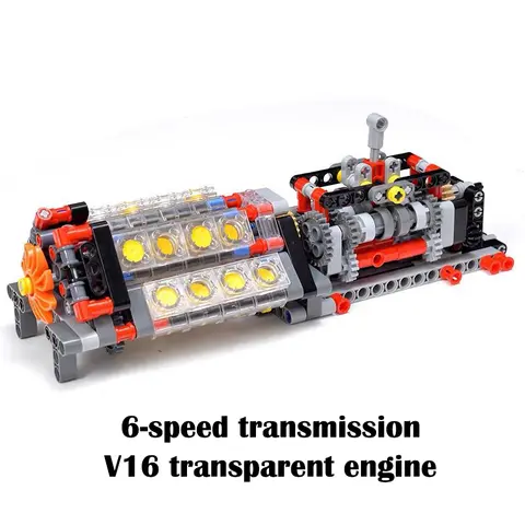 MOC six speed transmission V16 transparent engine combination building block engine model children's electric toy building block