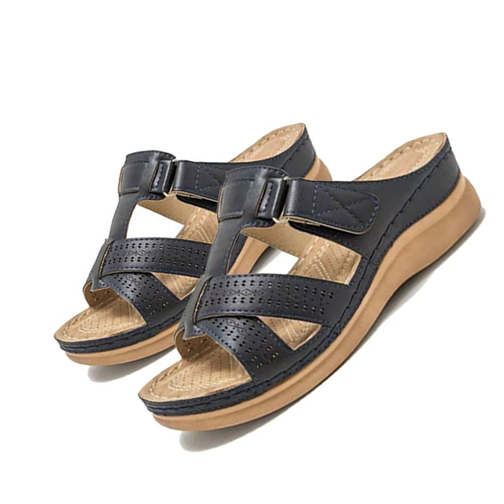 صنادل نسائية كلاسيكية ذات نعل سميك سهلة الارتداء عند أصابع مفتوحة، صنادل جلدية مريحة للمشي على الشاطئ مع دعم قوس للصيف