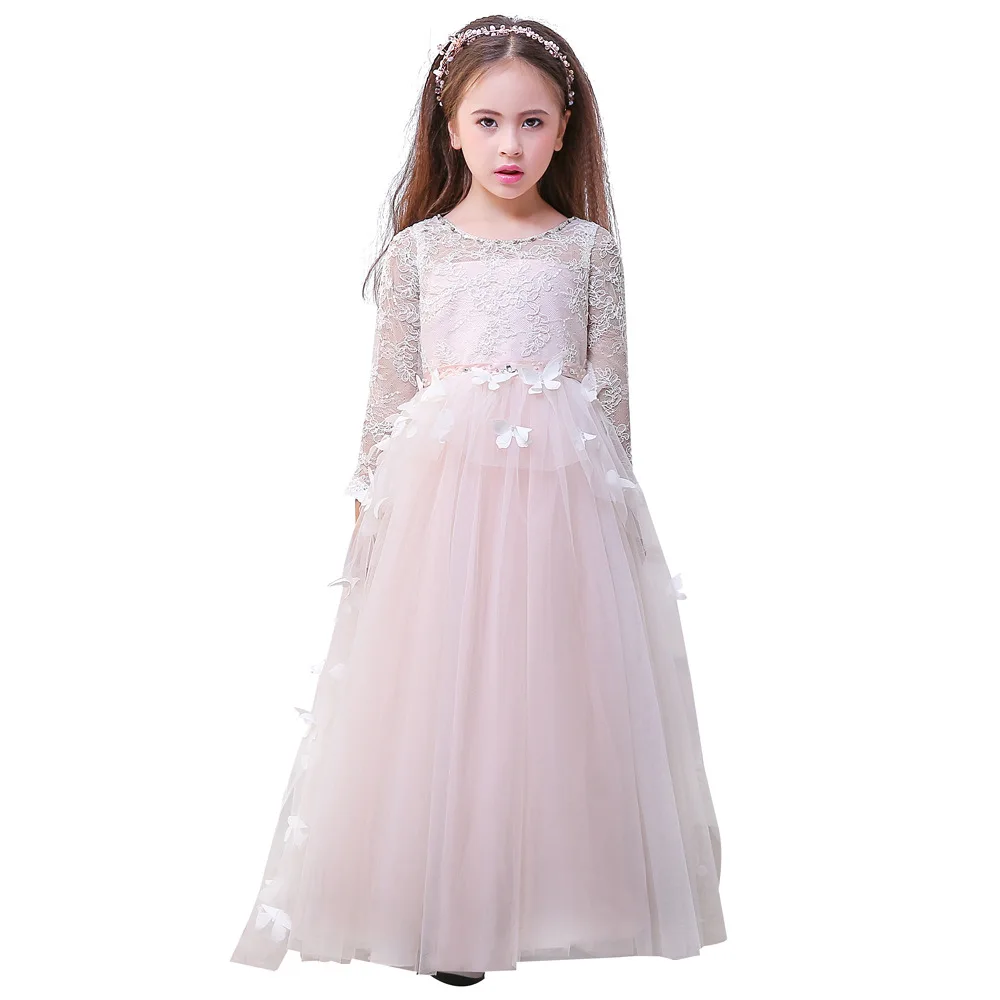 แขนยาวดอกไม้ชุดเดรสเด็กผู้หญิงสำหรับงานแต่งงาน A-Line Scoop Tulle ลูกไม้ยาว First Communion Dresses สำหรับสาวเด็กเล็กเด็ก