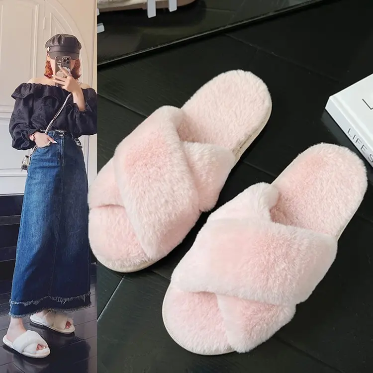 

Women’s Cross Band Fur Slippers Indoor Furry Fuzzy Open Toe Shoes Home Cozy Warm Slides Double Straps Slipper Soft Sole Non Slip