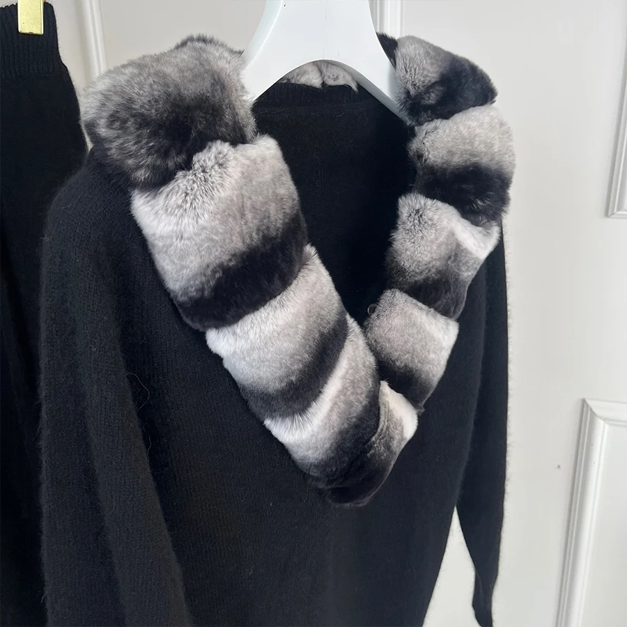 Suéter de lana de piel auténtica para mujer, traje Natural de Chinchilla Rex, cuello de piel de conejo, pantalones de Cachemira, suéter