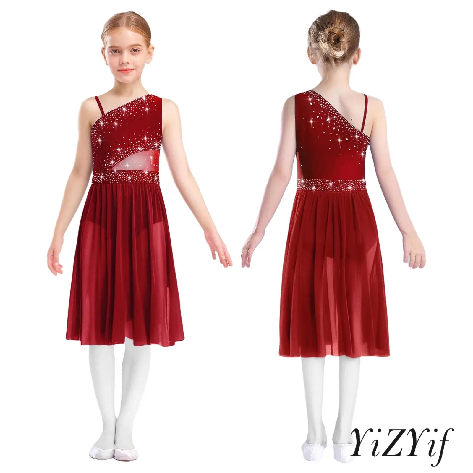 

‌Trendy Kids Girls Performance Dress Sleeveless Sheer Skirt Rhinestone Details for Lyrical Dance Parties Special Occasions