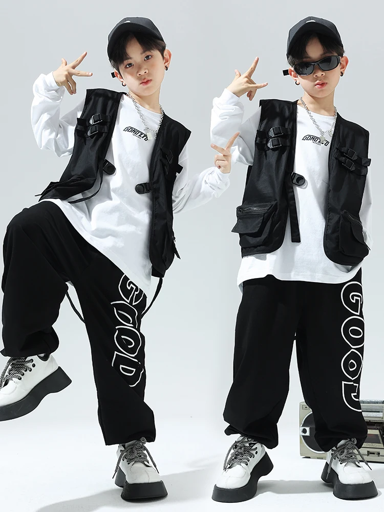 Children Jazz Dance Costume Hip Hop Boys Black Vest Pants Drum Show Clothing Girls Kpop Hiphop Dance Performance Suit BL11692