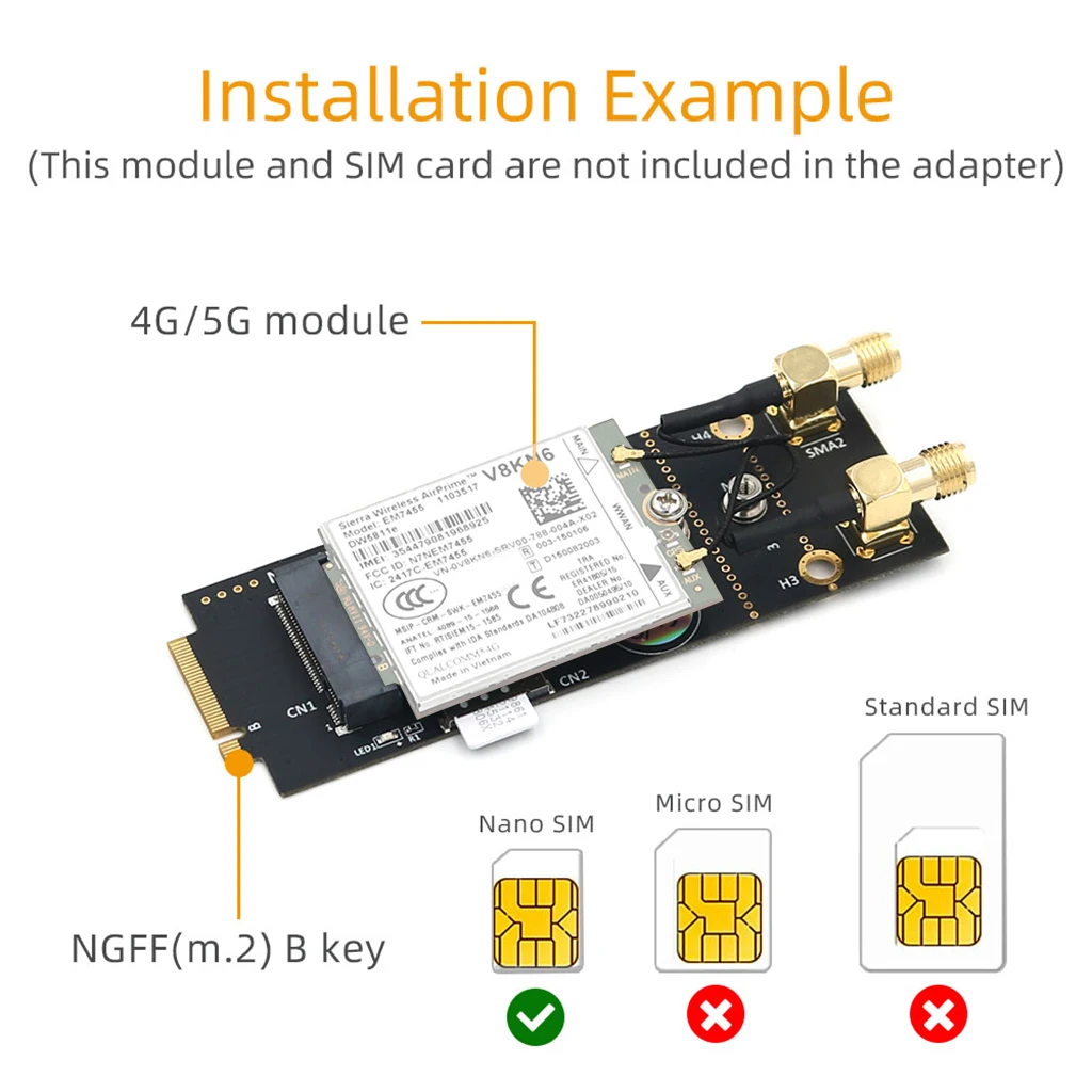 M.2 Key-B Wireless Module Adapter with SIM Card Slot Antennas Support 5G 4G 3G LTE GSM Modem for NGFF 3042 3052 M2 B Key Card