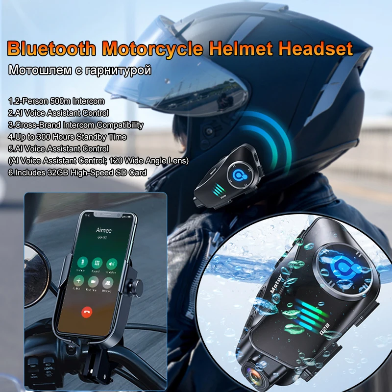 

Bluetooth Motorcycle Helmet Headset 2 Riders 500m Intercom AI Voice Control Loop Recording 500 Hours Standby with 32GB SD Card