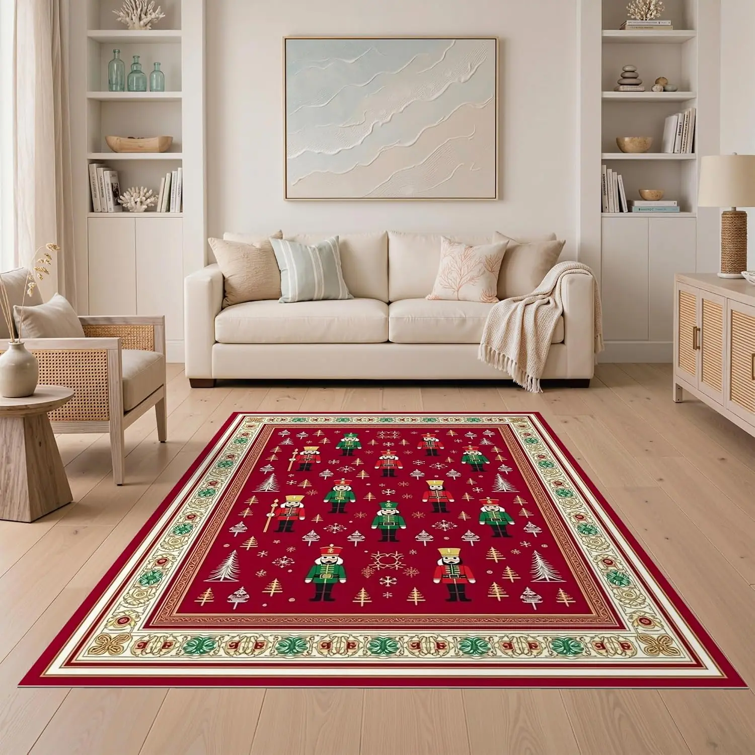 Large 6x9 Red Burgundy Nutcracker Christmas Area Rug Vintage Festive Ornate Border Washable Indoor Carpet Home Decor for Bedroom
