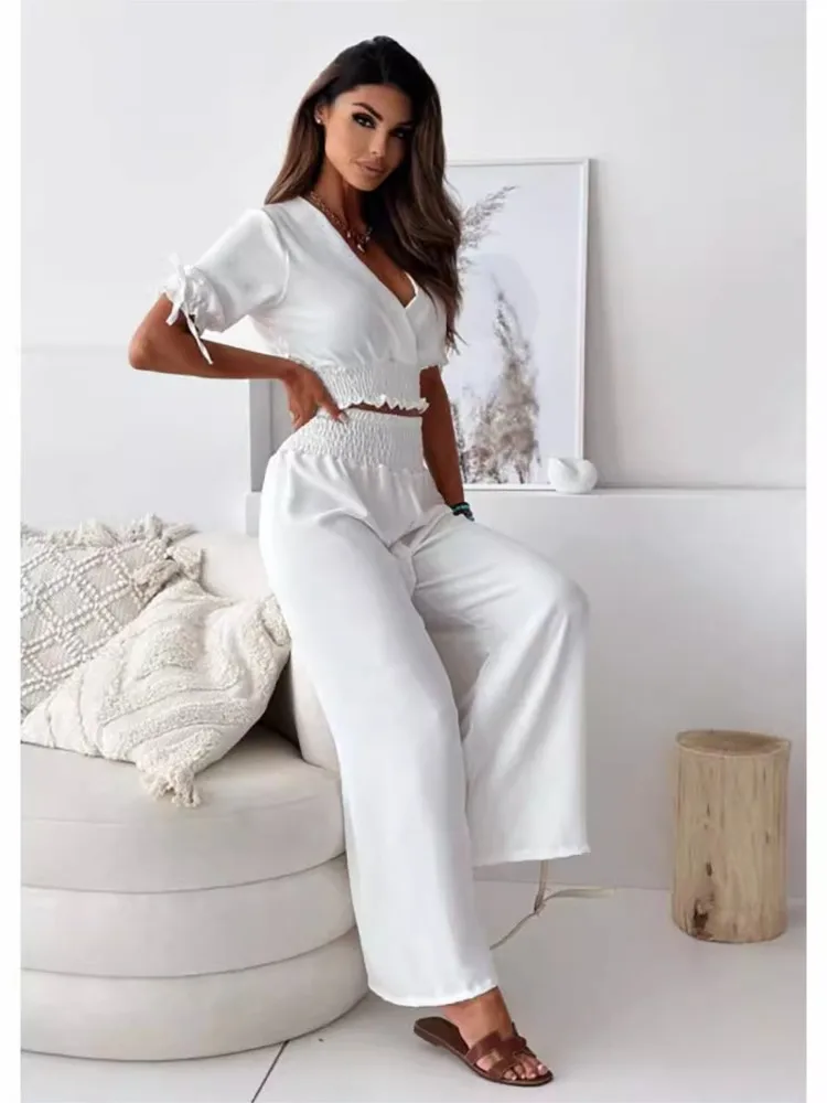 Solid Short Sleeve Trousers Suit Summer Fashion V-neck Top Elegant Office Casual 2 Piece Set New White Holiday Sets