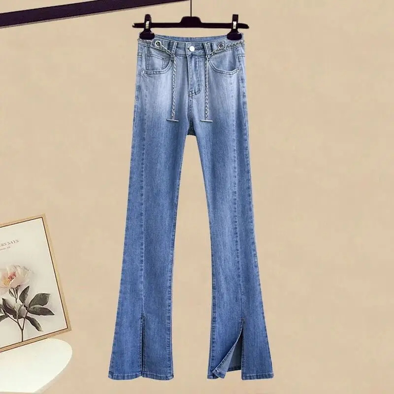 Primavera e outono moda terno feminino 2023 novo gradiente jeans + estilo ocidental corte fora do ombro superior conjunto de duas peças