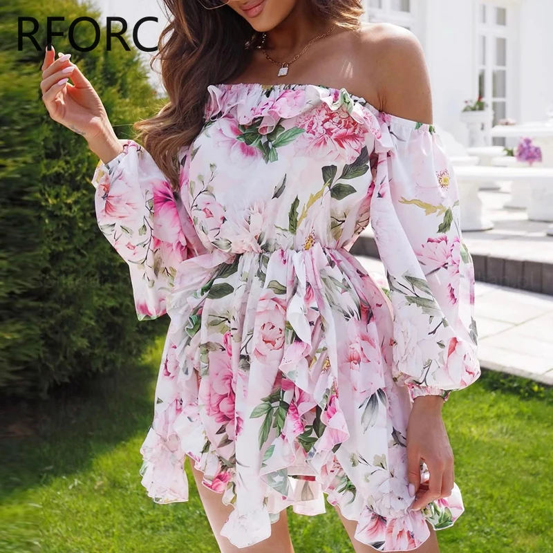 

2024 Women Chic Floral Print Slash Neck Long Sleeves Spring&Autumn Mini A-line Sexy Chiffon Party Dress