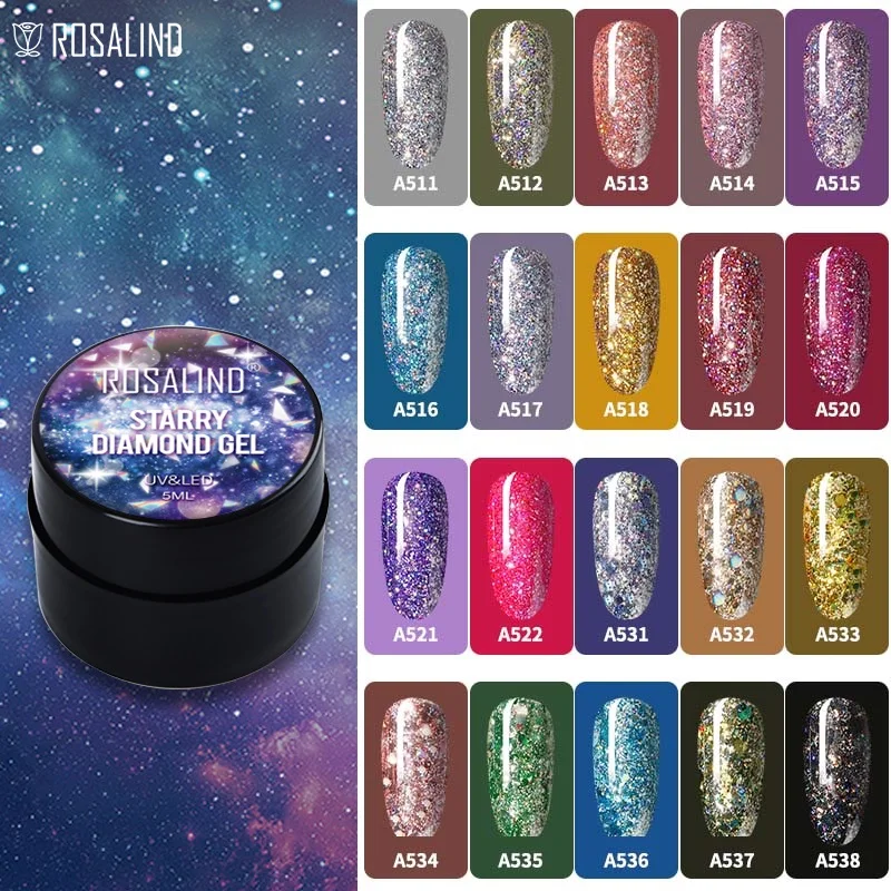 ROSALIND 5ml Glitter Gel Nail Polish Hybrid Varnishes Shiny Nail Polish Semi Permanent Gel Lacquer Soak Off Top Base Coat UV Gel