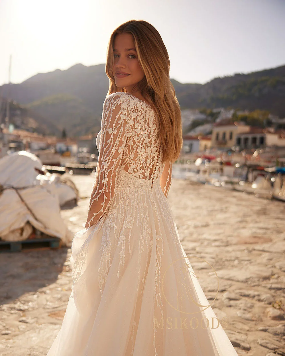 Msikoods 웨딩 드레스 Boho Illusion 긴 소매 Tulle a 라인 신부 드레스 공주 레이스 아플리케 신부 웨딩 드레스 맞춤형