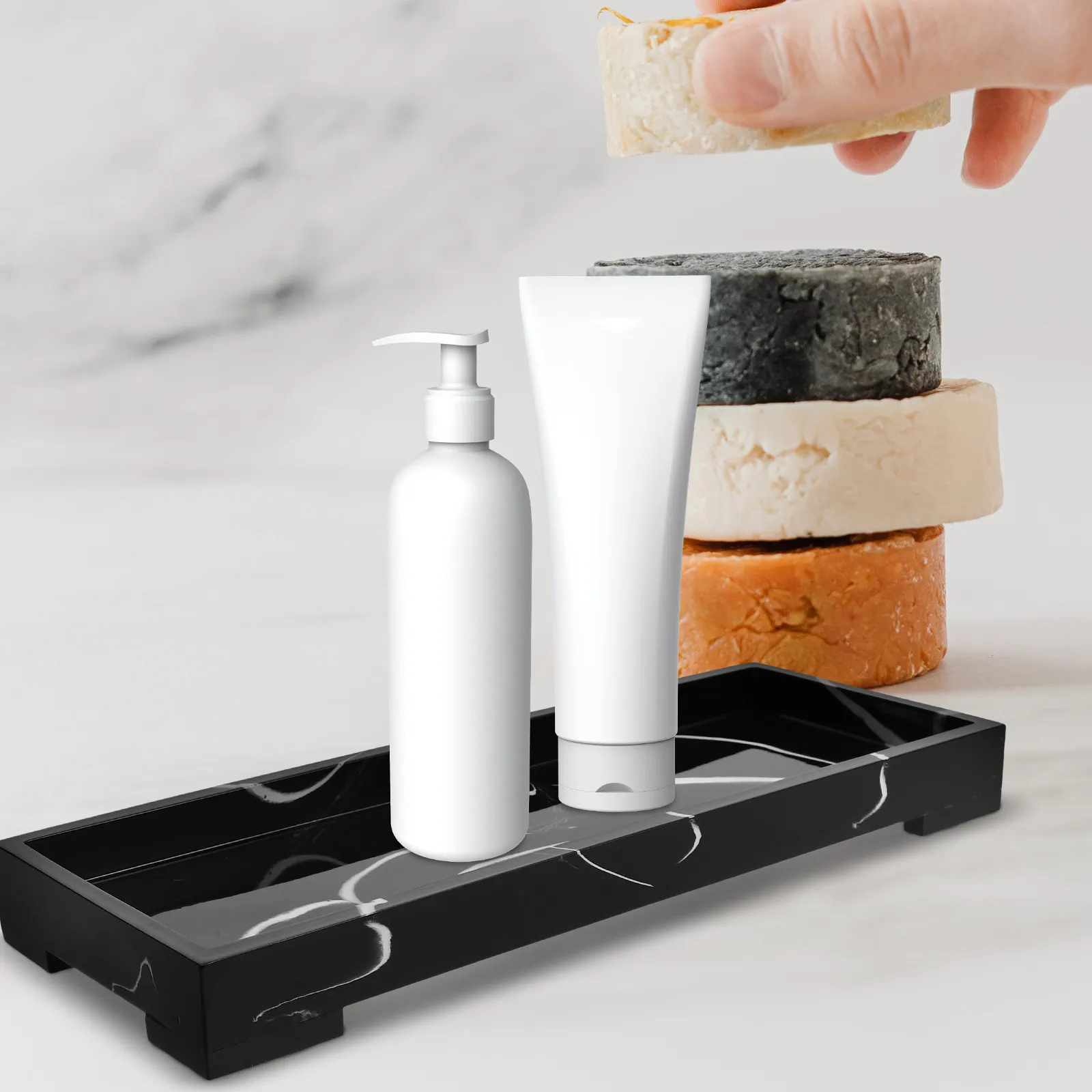 Countertop Vanity Tray Marble Resin Rectangle Bathroom Organizer Soap Dish Holder Decorative Desk Tray for Sink Toilet