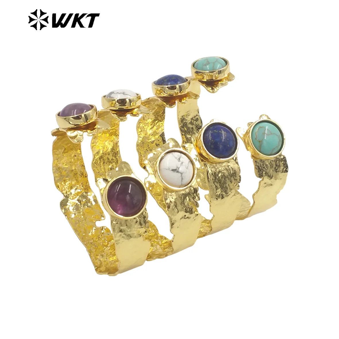 

WT-B631 WKT New design double loops round stone bangle 18k gold bezel setting turquoise women bangle INS hot style open size