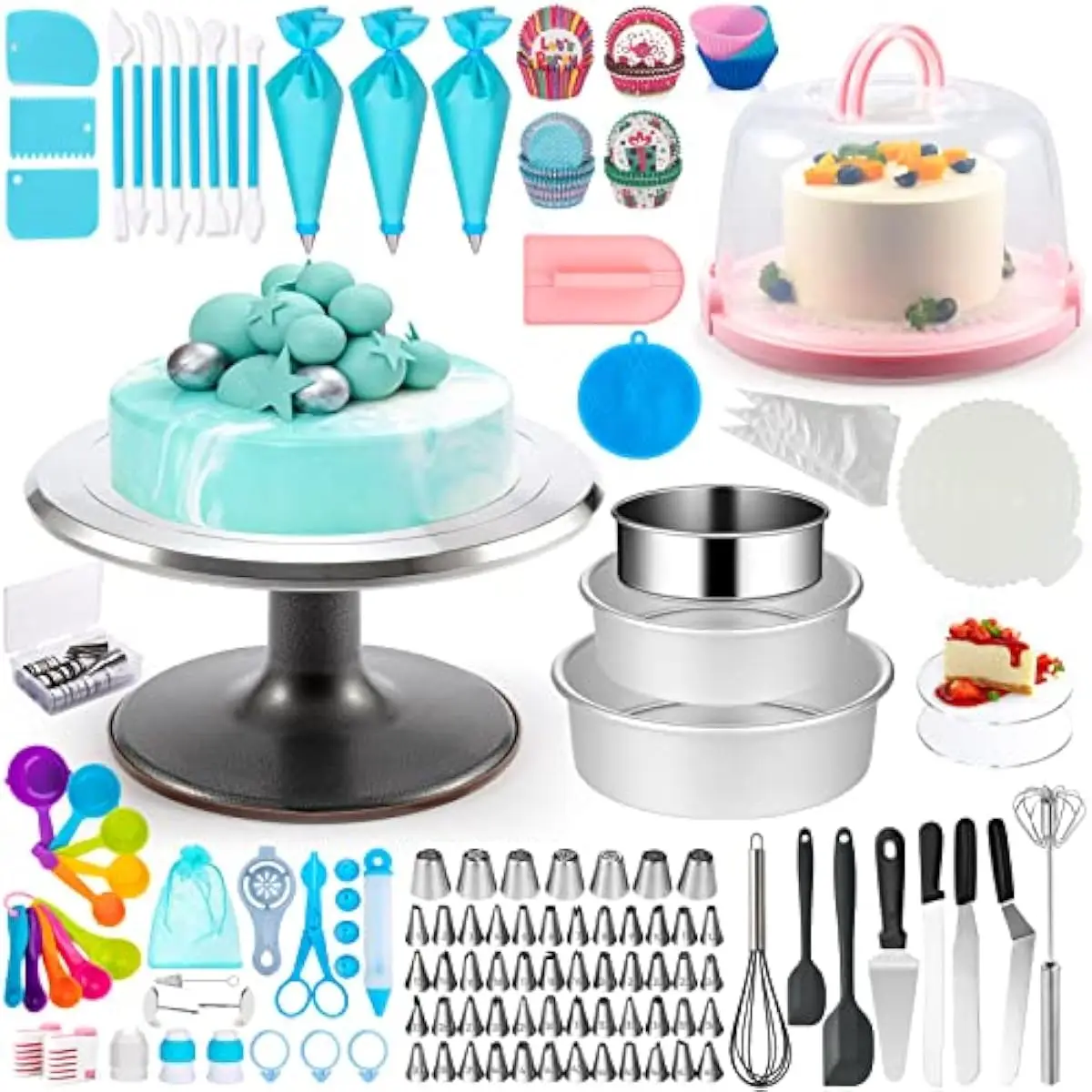 Aluminum Alloy Rotating Cake Turntable with Lockable PP Carrier Set – 268-Piece Baking Kit Featuring 48 Numbered Piping Tips Acr