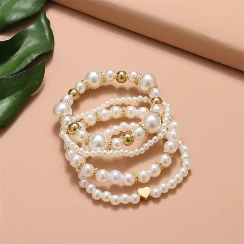 2024 Chunky Simulated Pearl Stackable Stretch Bracelet Set Beaded Ball Adjustable Multilayered Elastic Bangles for Women Jewelry image 2