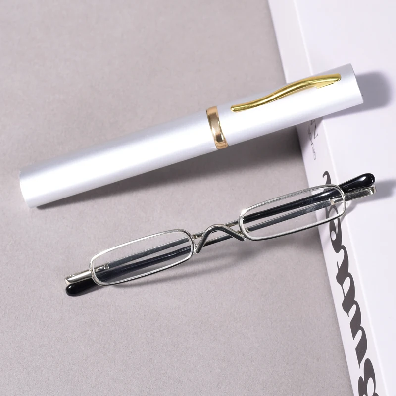Schlanker Rahmen, kleine Lesebrille, schlanke Stift-Lesebrille mit Federscharnieren und tragbarem Clip-Etui für Damen und Herren