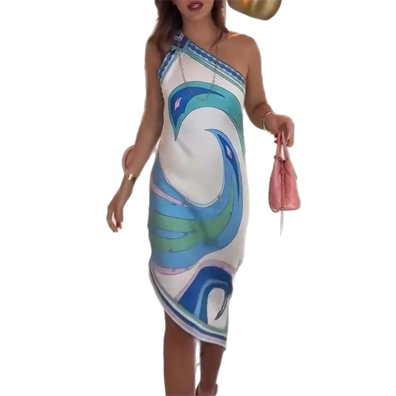 Asymmetrical Satin Dress Women 2025 Summer Sexy One Shoulder Printed Slim Fit Bodycon Midi Dress