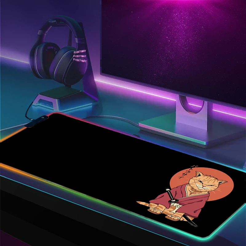 Alfombrillas de escritorio LED grandes XXL RGB, alfombrilla de ratón para ordenador, gato japonés, 90x40cm, retroiluminación para teclado, alfombrilla de mesa, alfombrillas luminosas para jugador