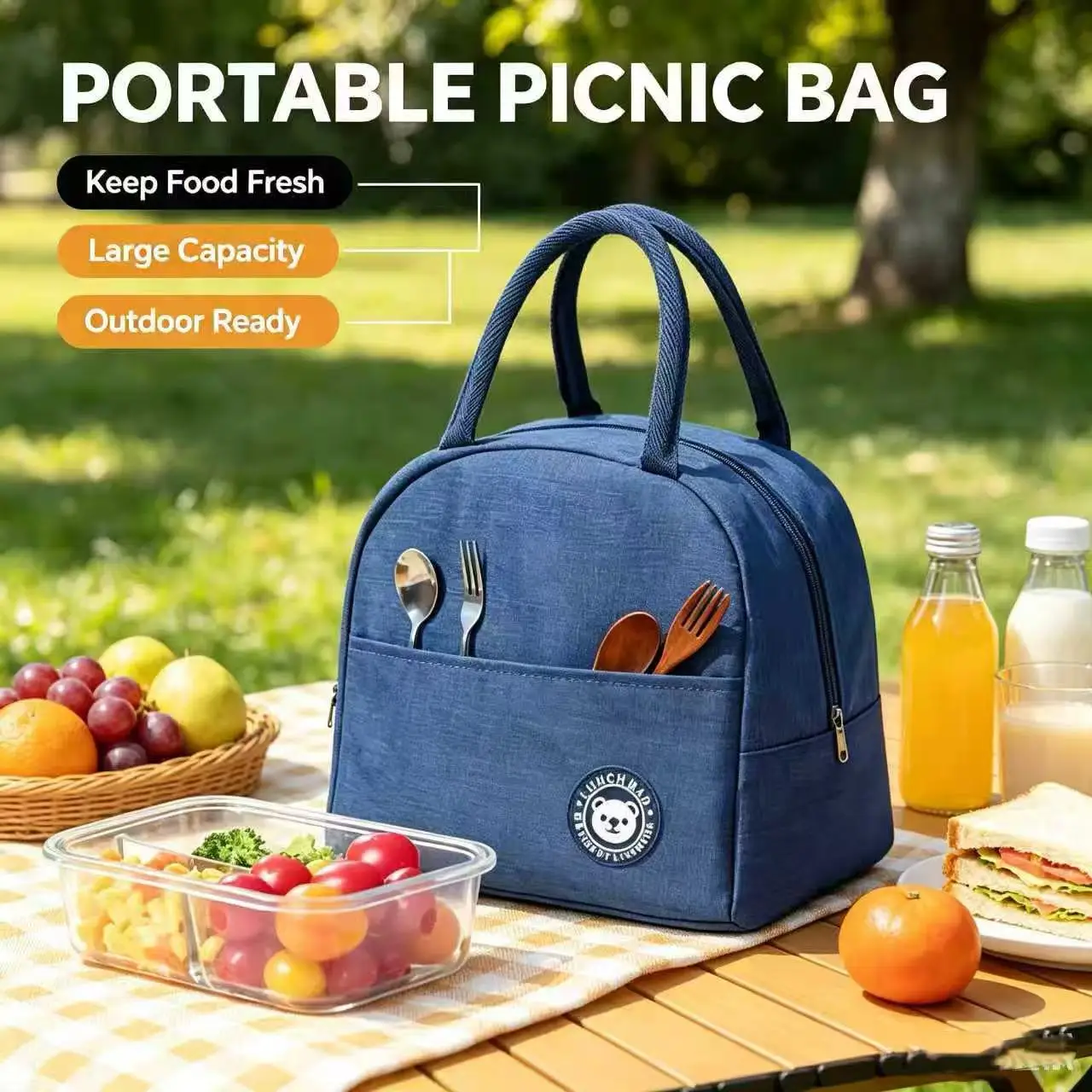 Portable Insulated Lunch Bag Large Capacity Waterproof Thermal Picnic Handbag with Front Pocket, Keep Food Fresh for Work School Outdoor Camping